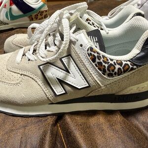 New Balance Beige and White Sneakers with Leopard Print Trim